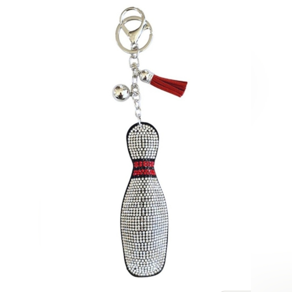 Bling Rhinestone Bowling Pin Key Chain Bag Charm With Tassel